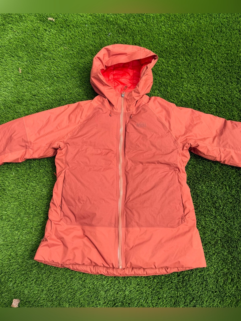 REI Stormhedge Down Hybrid orange Coral Hooded Puffer Jacket
